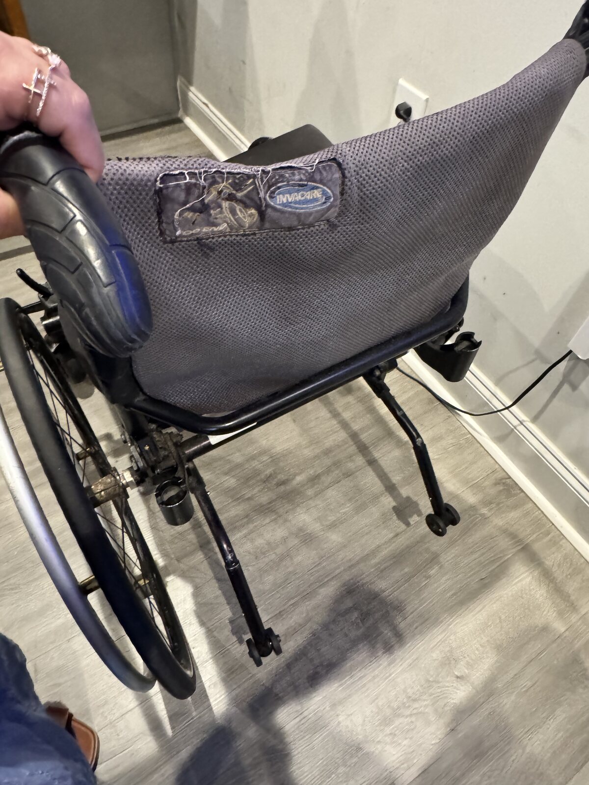 Back detail of Dedrick Craft’s wheelchair
